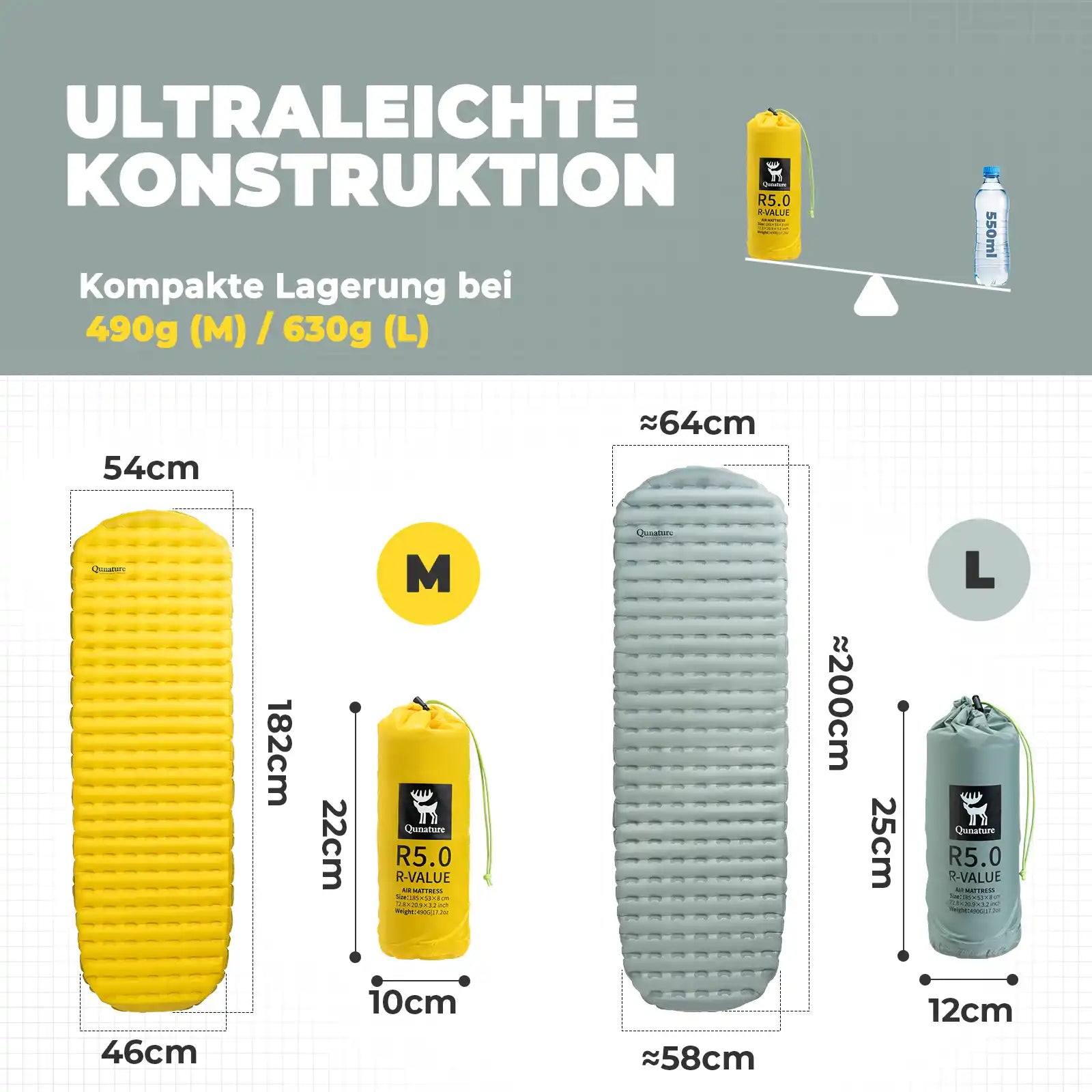ultraleichte schlafmatte in größe m und l mit kompakter lagerung