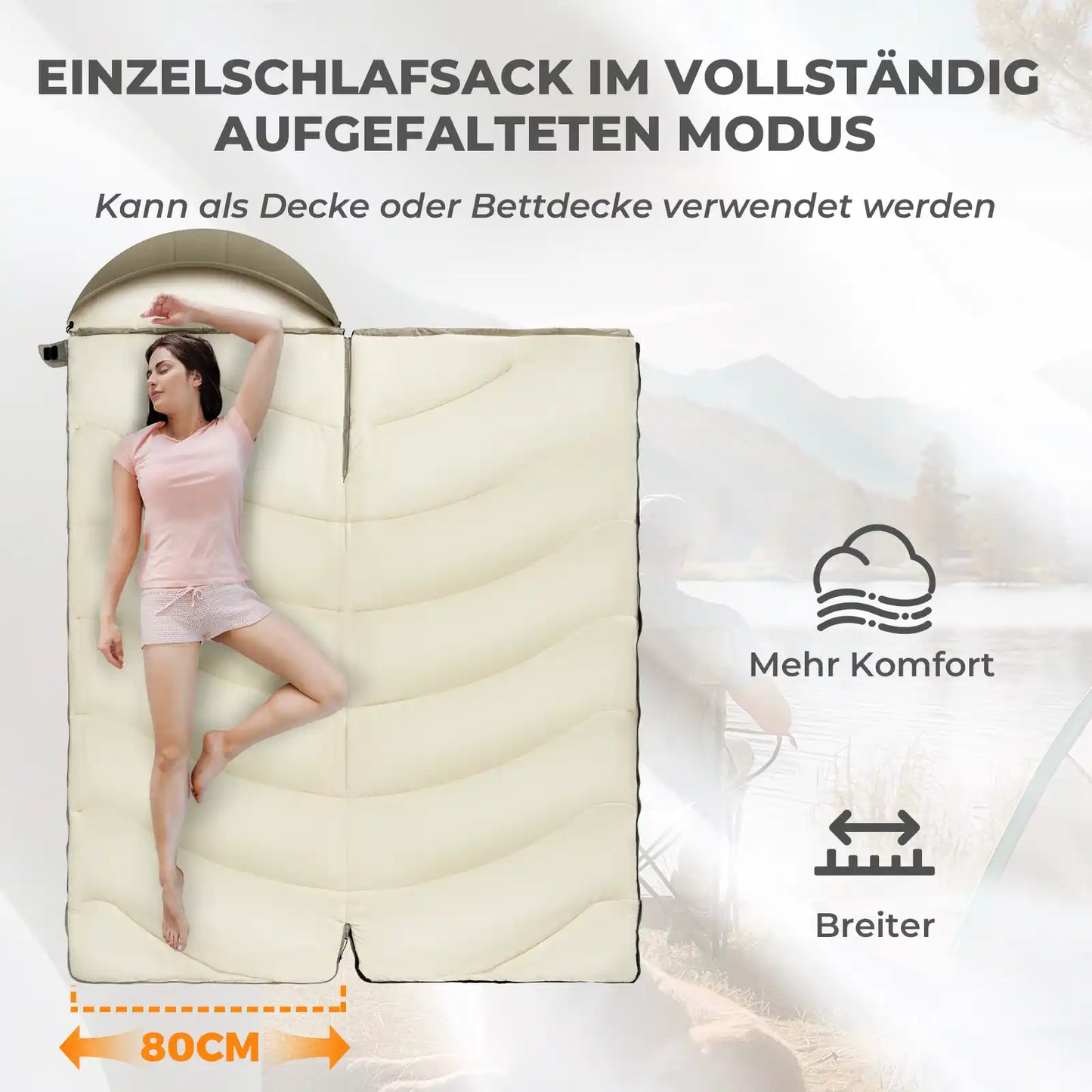 aufgefalteter schlafsack als decke nutzbar, 80 cm breite