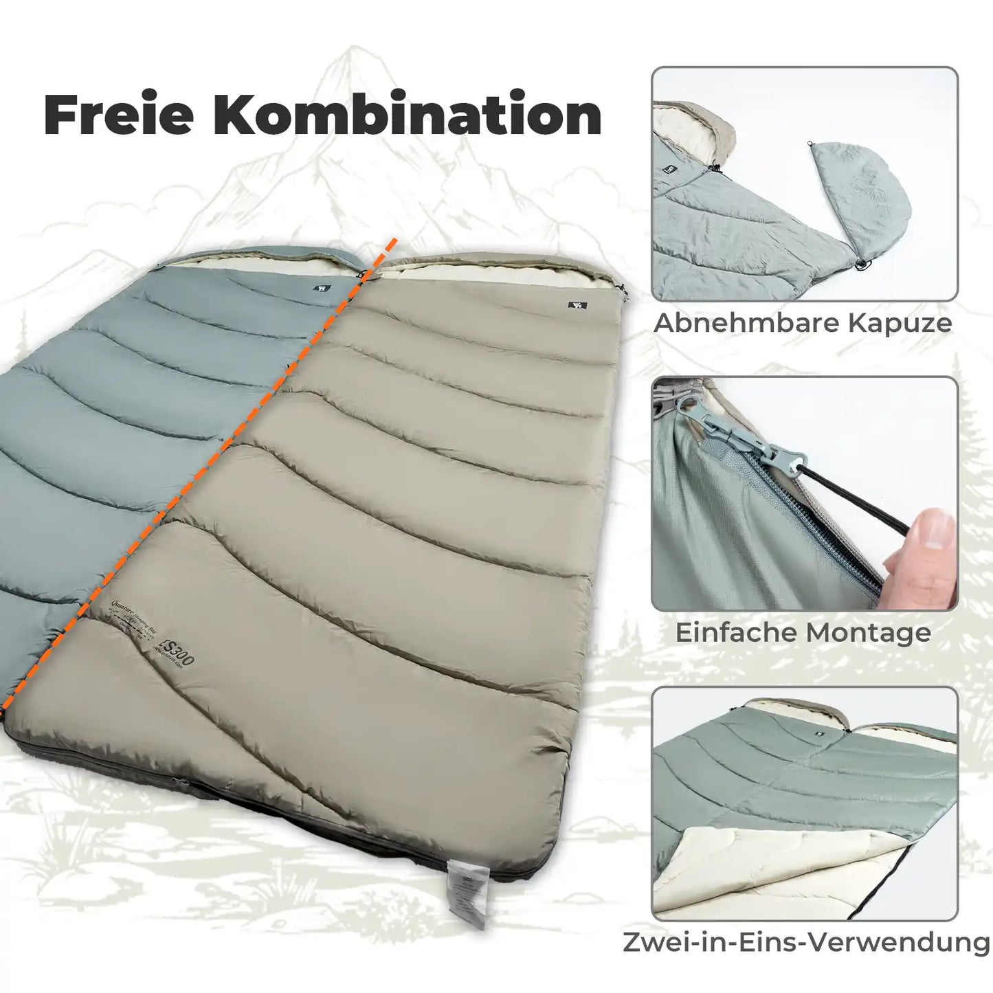 kombinierbarer schlafsack mit abnehmbarer kapuze