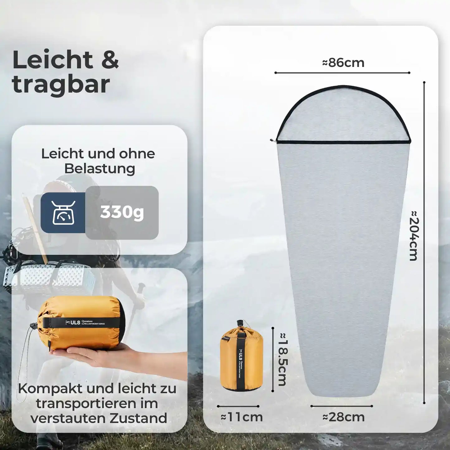 graues schlafsack-inlay maße und gewicht für eine einfache planung