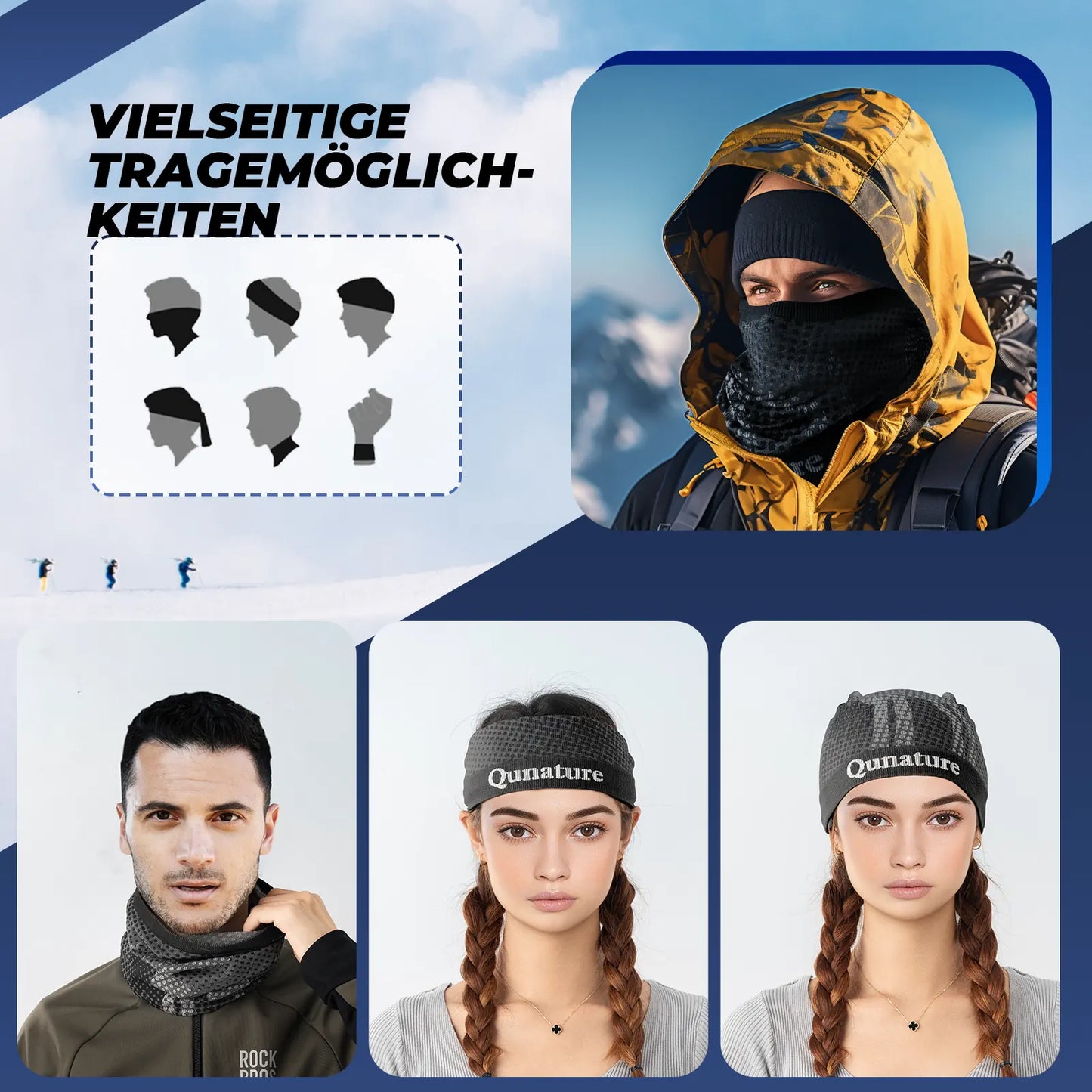 modell mit schwarzem multifunktionsschal in verschiedenen tragevarianten