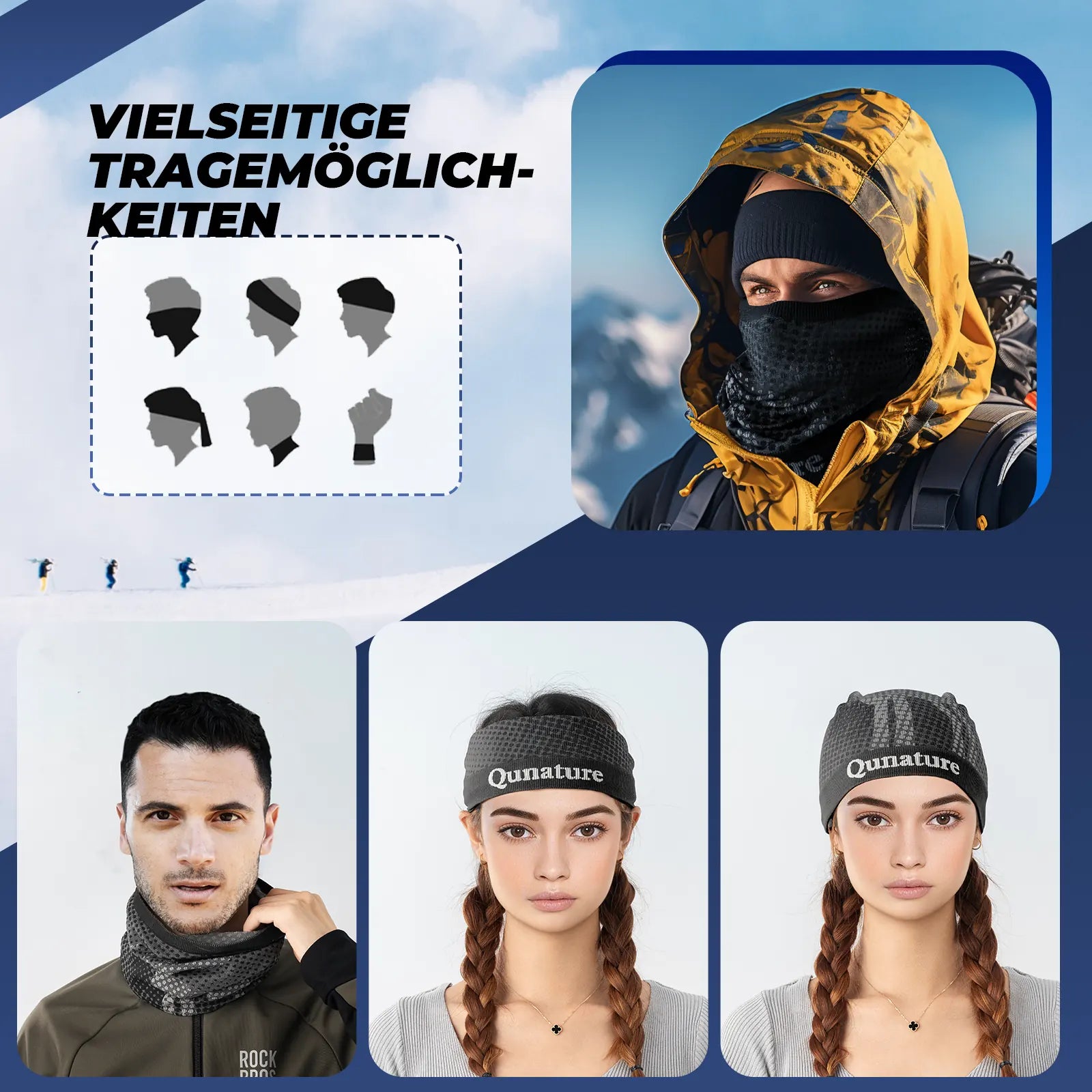 modell mit schwarzem multifunktionsschal in verschiedenen tragevarianten