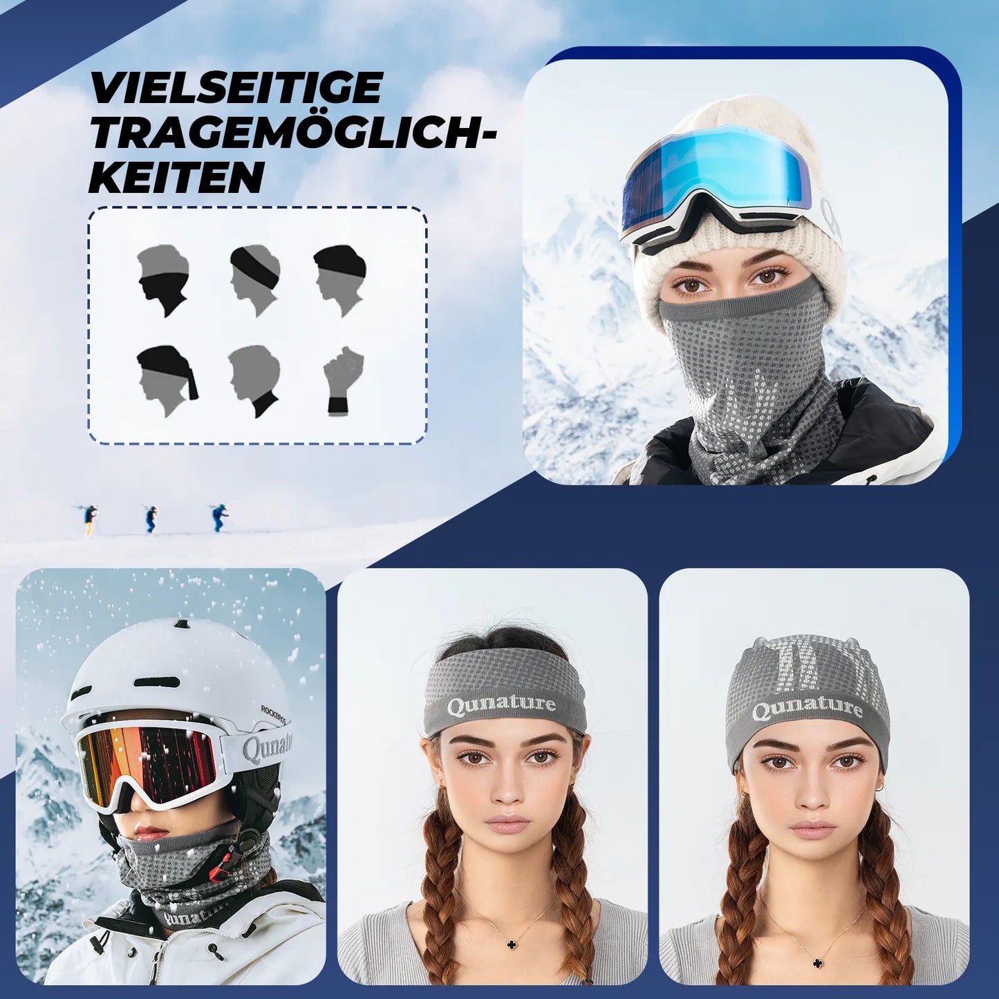 modell mit grauem multifunktionsschal in verschiedenen tragevarianten