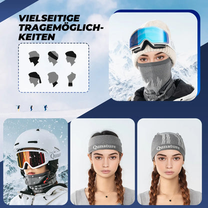modell mit grauem multifunktionsschal in verschiedenen tragevarianten