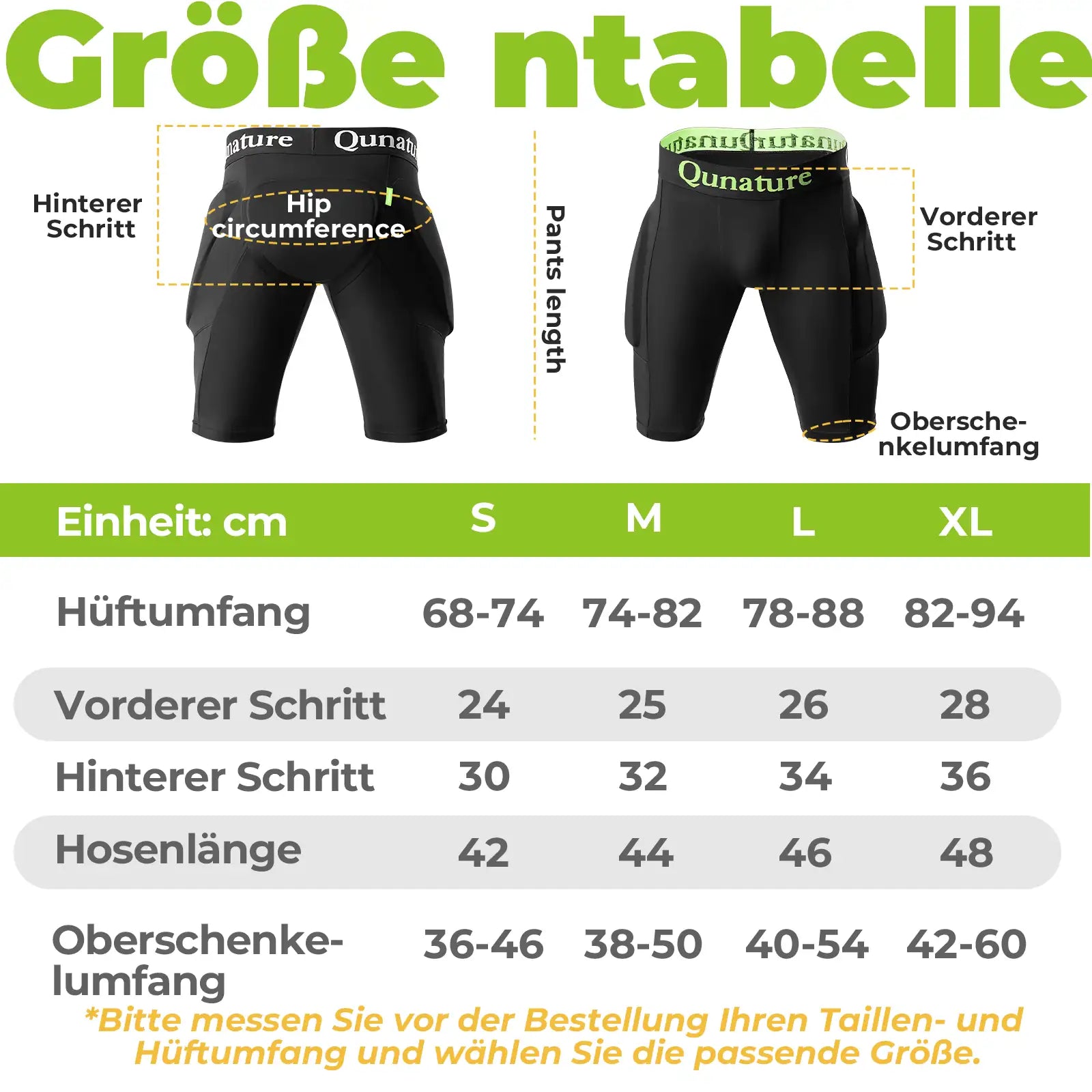 groessentabelle der schutzhose mit massangaben