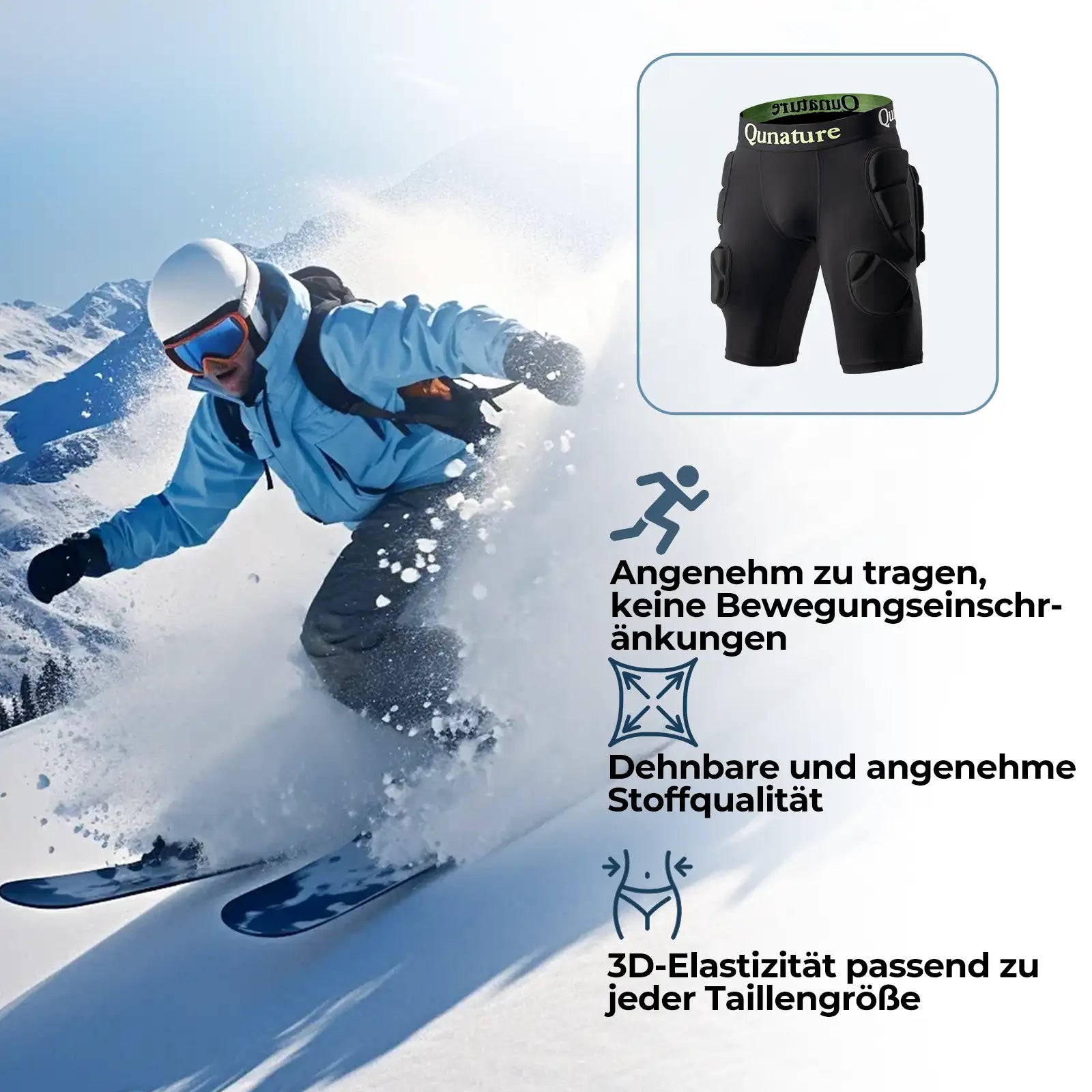 skifahrer trägt huftschutzhose für uneingeschränkte bewegungen