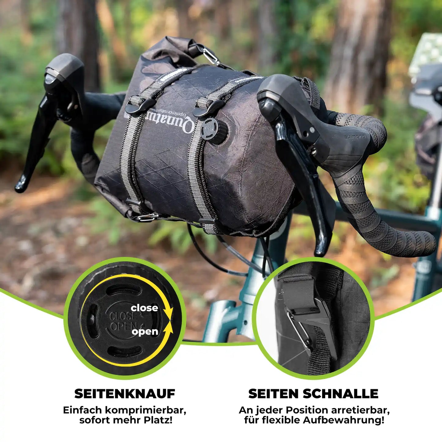 schwarz 6l bikepacking kompressionstasche seitenknauf schnalle