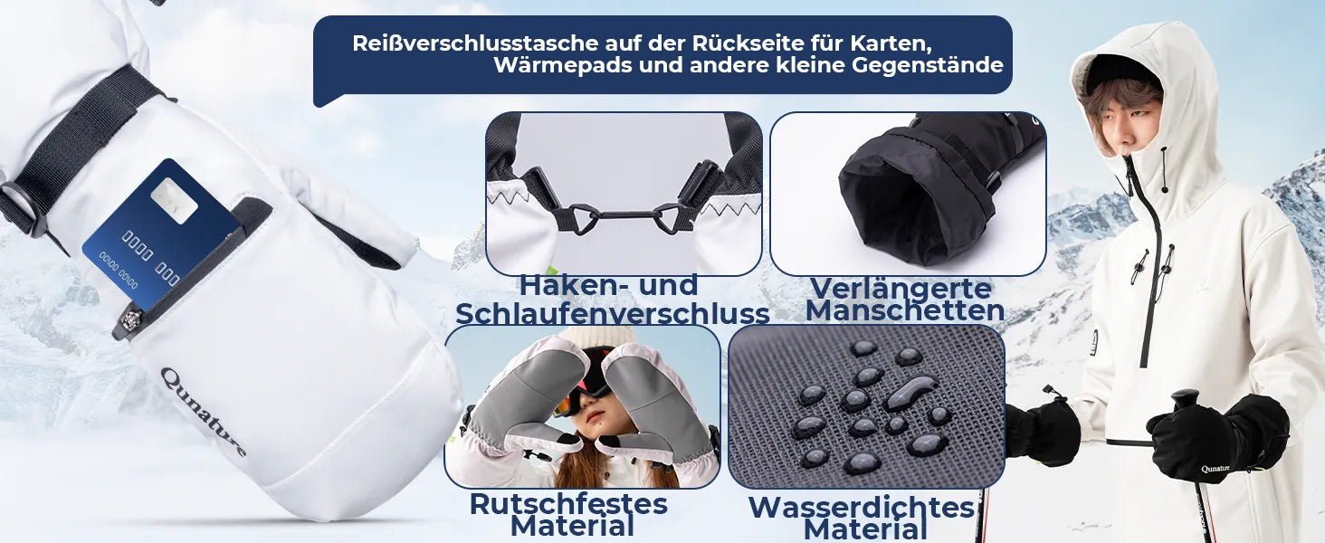 ski mittens functional details: zipper pocket, anti-lost clip, extended cuffs, non-slip palm