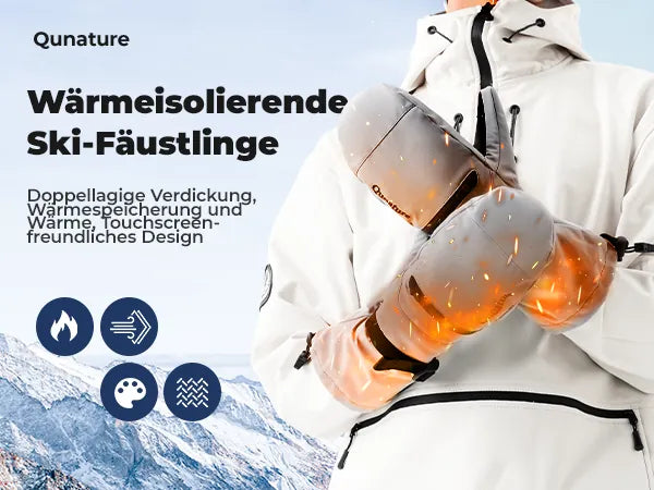hero banner of insulated ski mittens with thermal effect on snowy mountain background