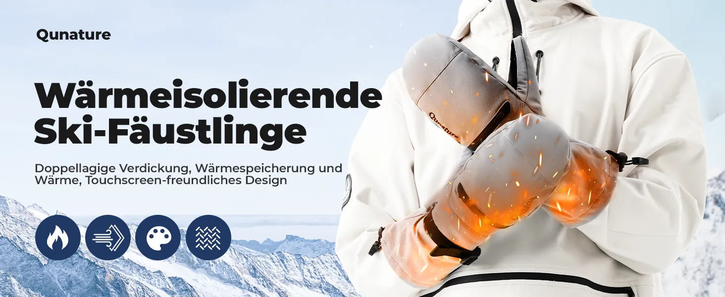 hero banner of insulated ski mittens with thermal effect on snowy mountain background