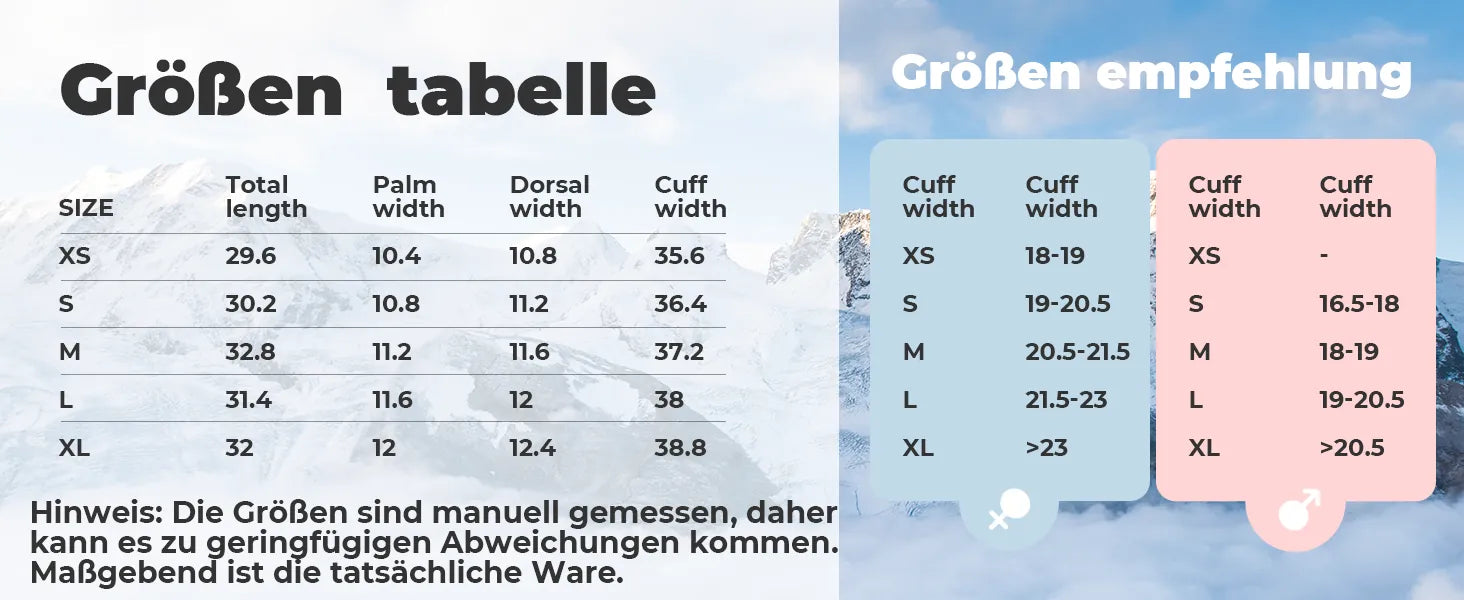 ski mittens size chart, xs-xl sizing guide for men and women with wrist circumference reference