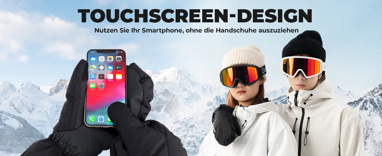ski mittens with touchscreen fingertips, user using smartphone with gloves on