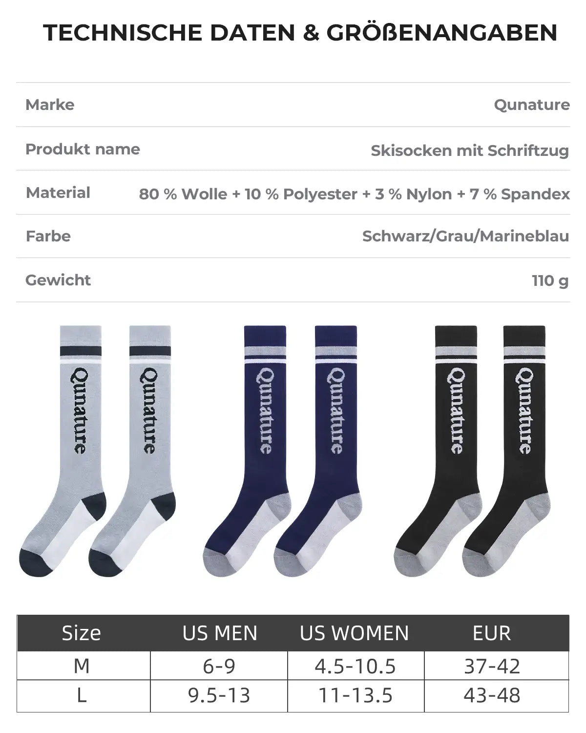 skisocken in drei farben mit technischen daten und groessentabelle