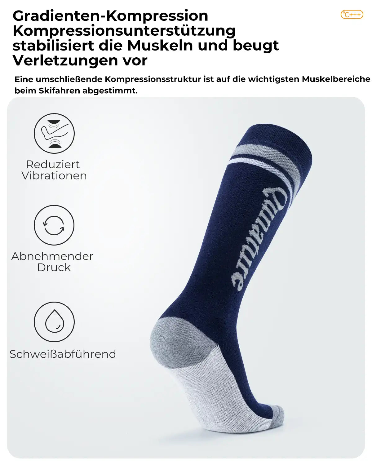 schwarze skisocke mit gradienten-kompression und funktionsbeschreibung