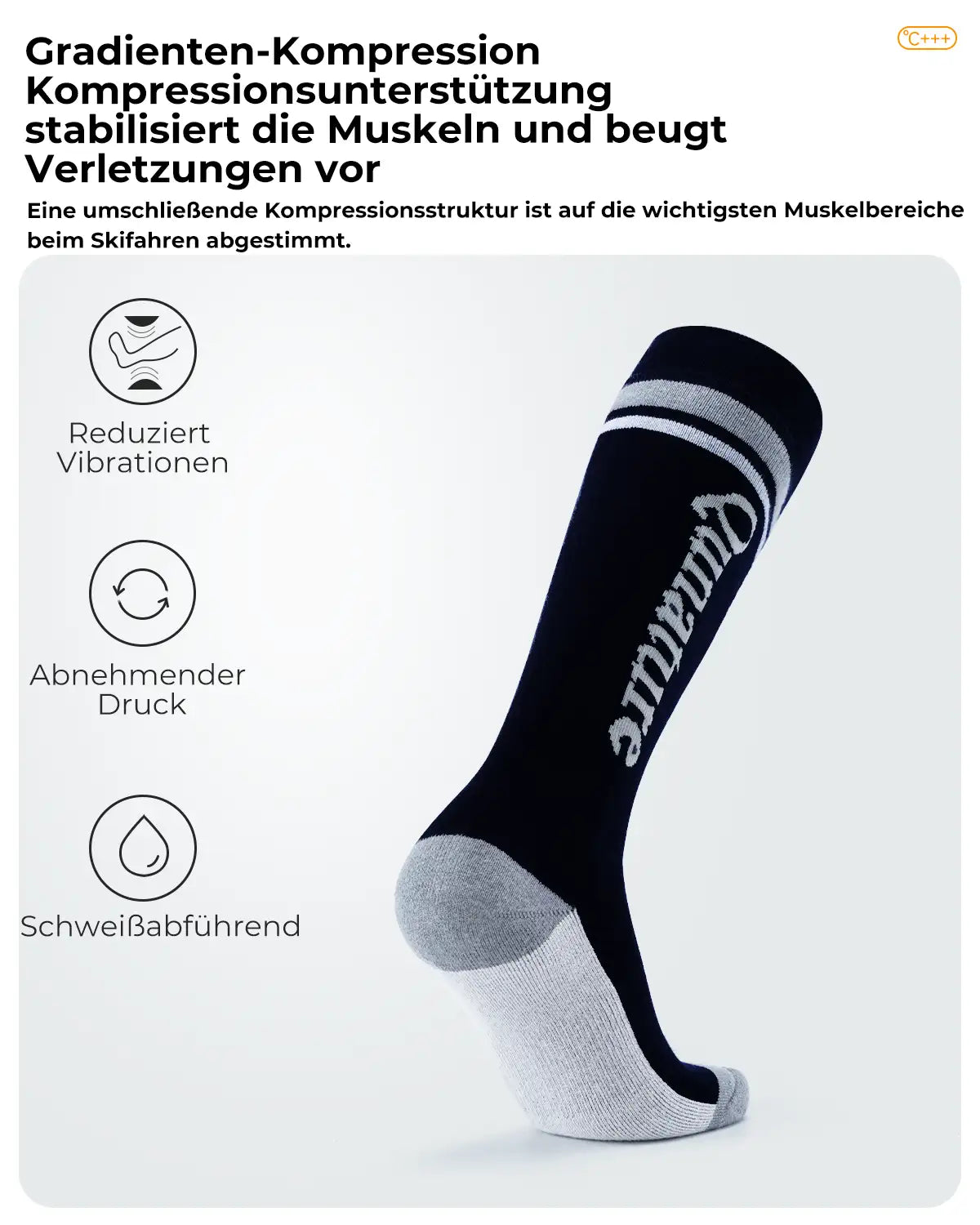marineblaue skisocke mit gradienten-kompression und funktionssymbole