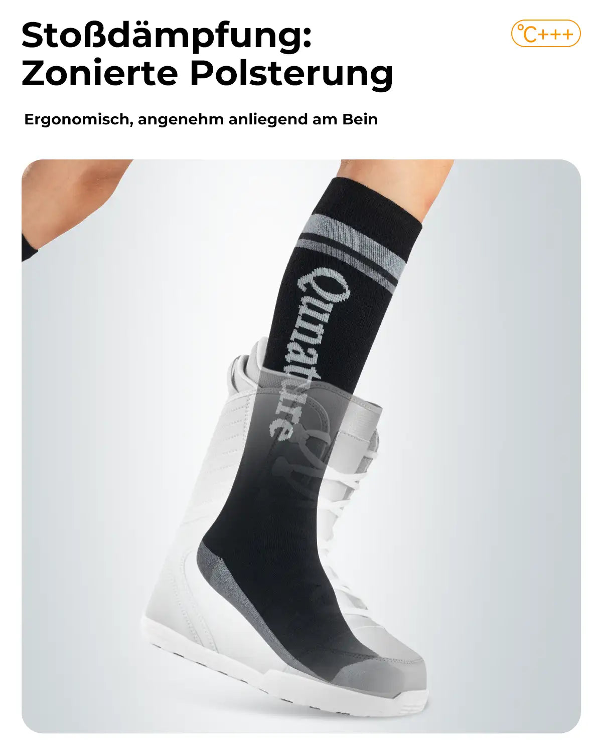 schwarze skisocke mit zonierter polsterung im skistiefel