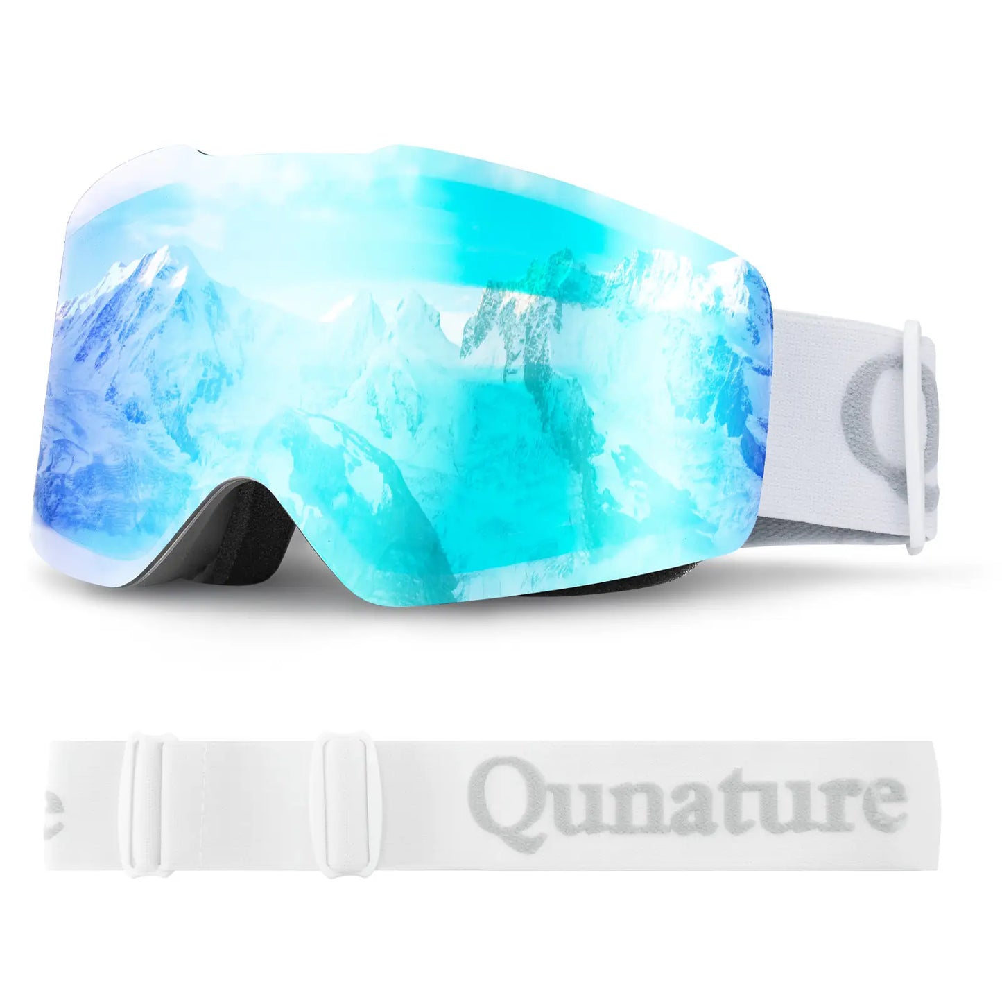 blaue skibrille mit weissem gurt
