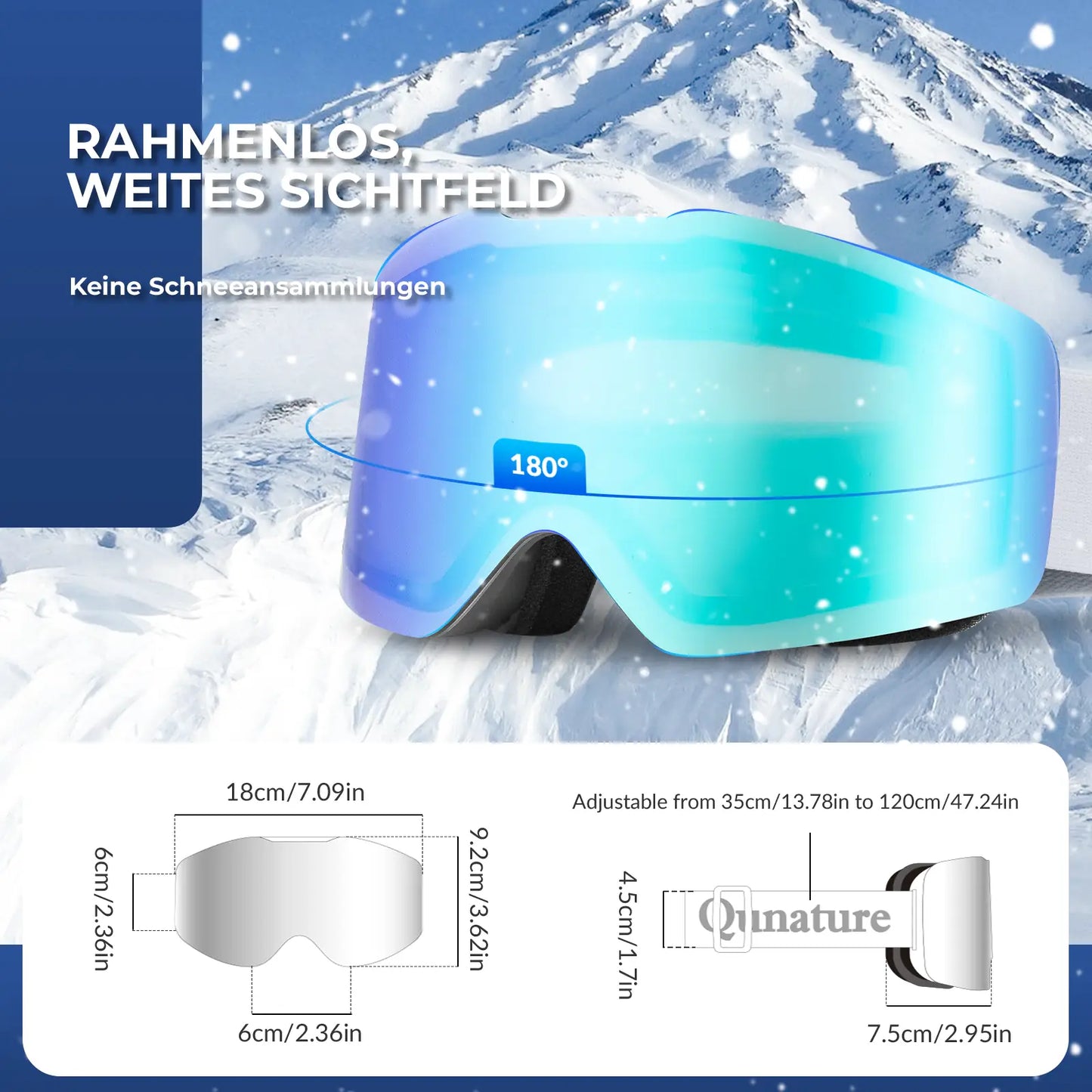 blaue skibrille mit weitem sichtfeld und massangaben