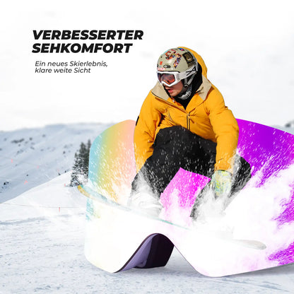 skibrille mit verbesserter sicht im einsatz mit snowboarder im schnee