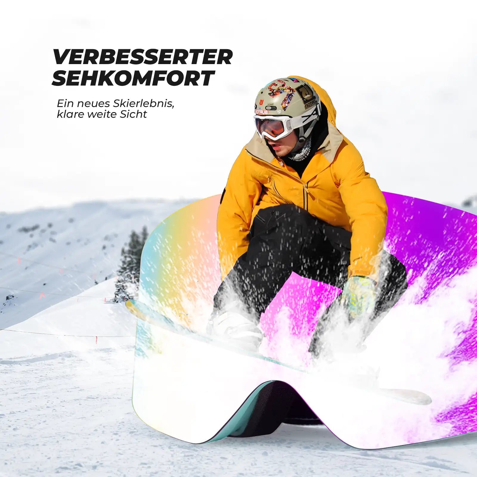 skibrille mit klarer weitsicht auf der piste mit snowboarder