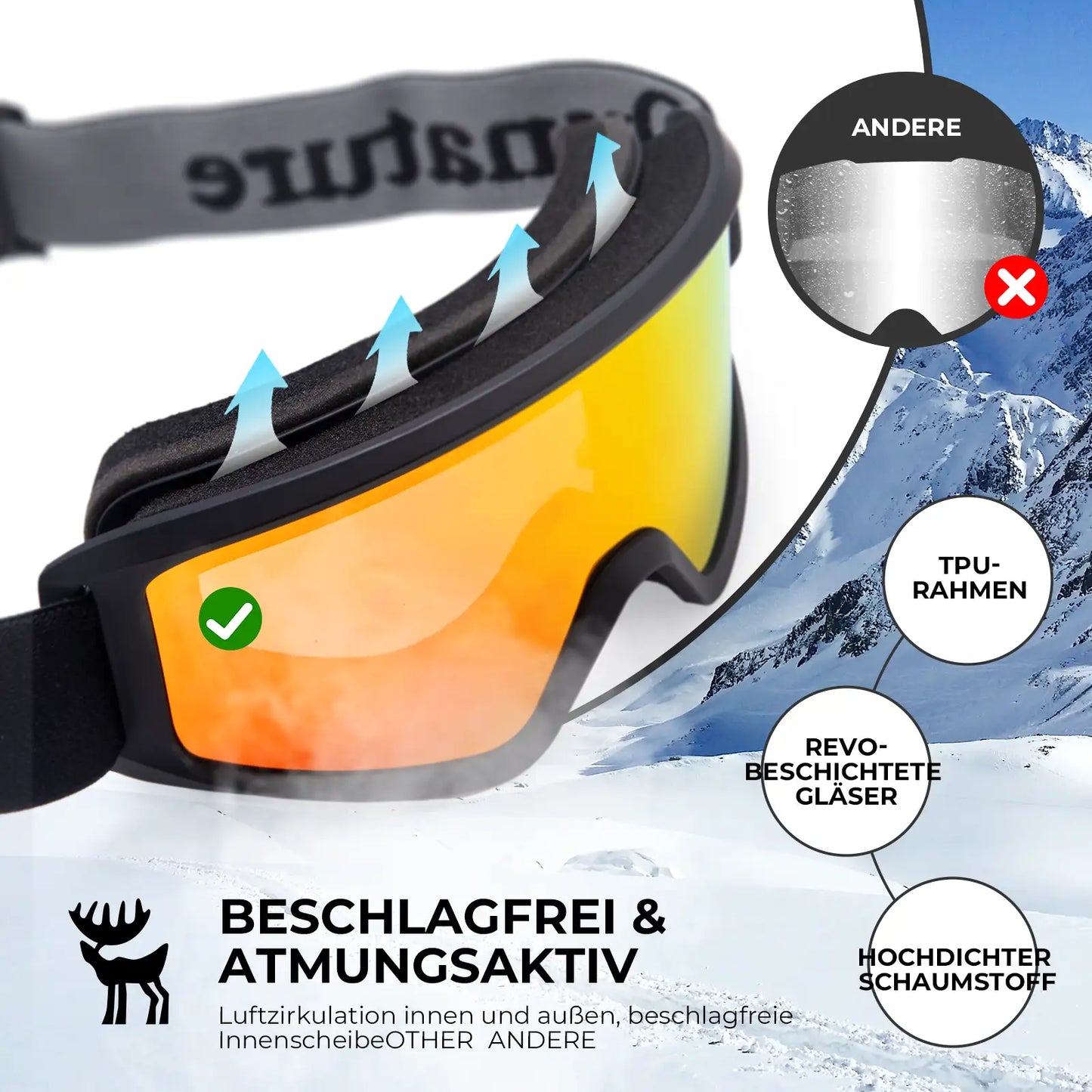 schwarze skibrille mit beschlagfreiem glas