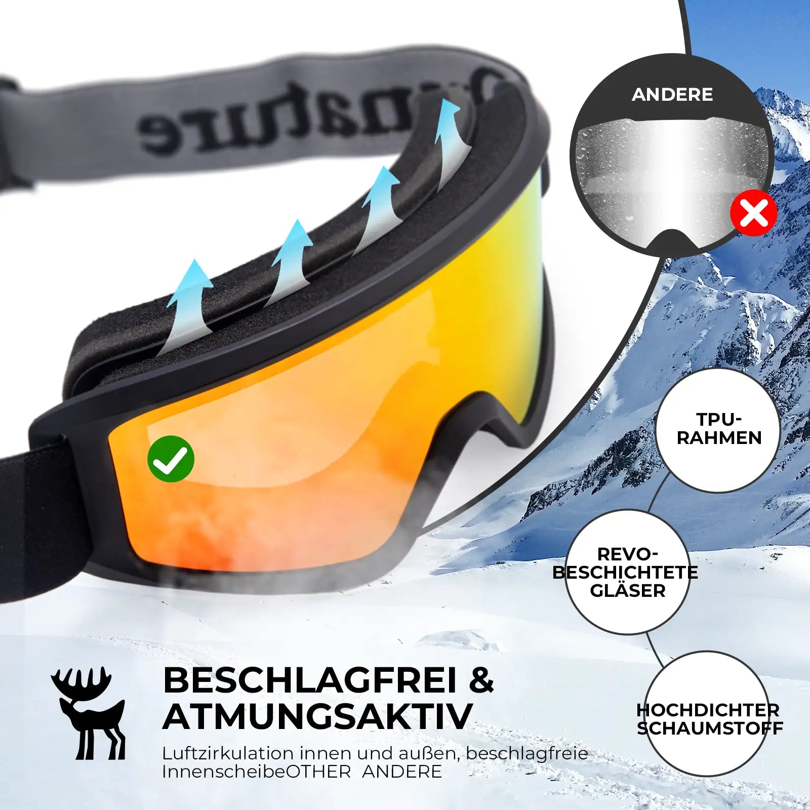 schwarze skibrille mit beschlagfreiem glas