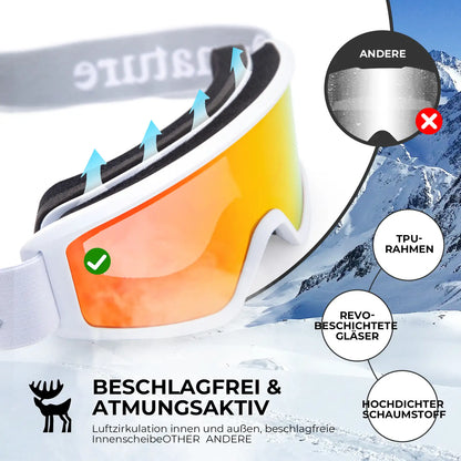 weisse skibrille mit atmungsaktiver luftzirkulation