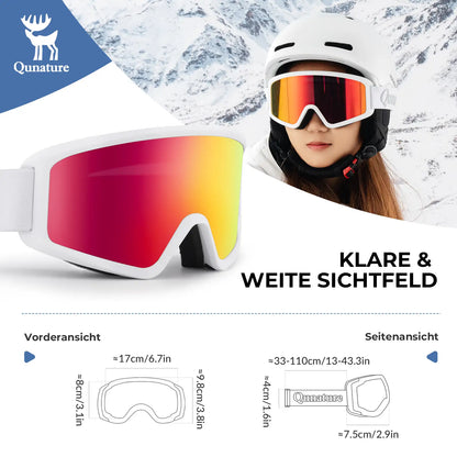 weisse skibrille mit grossem sichtfeld und helmkompatibel