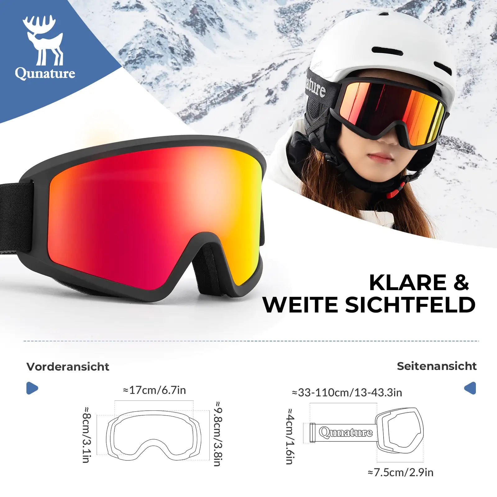 schwarze skibrille mit klarer sicht und genauen massangaben