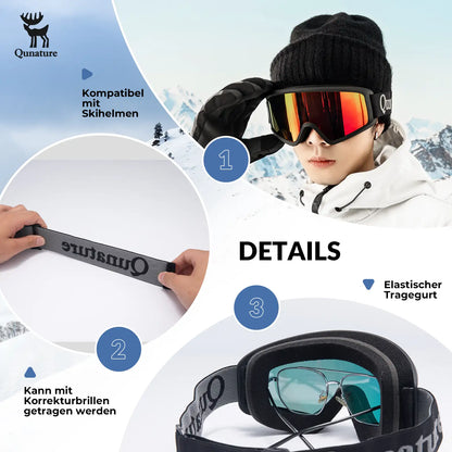 schwarze skibrille mit elastischem gurt und brillenkompatibel