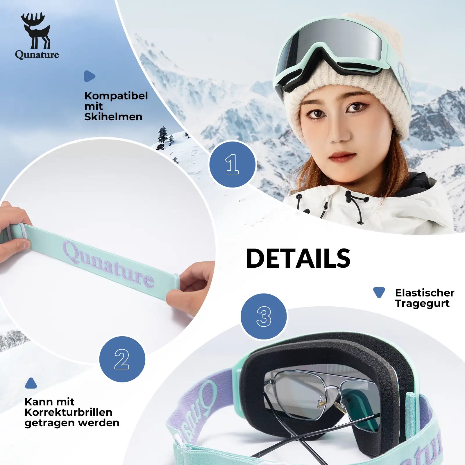 mintgruene skibrille mit elastischem tragegurt und helmkompatibel