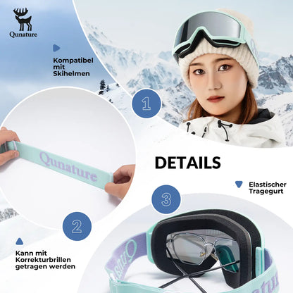 mintgruene skibrille mit elastischem tragegurt und helmkompatibel