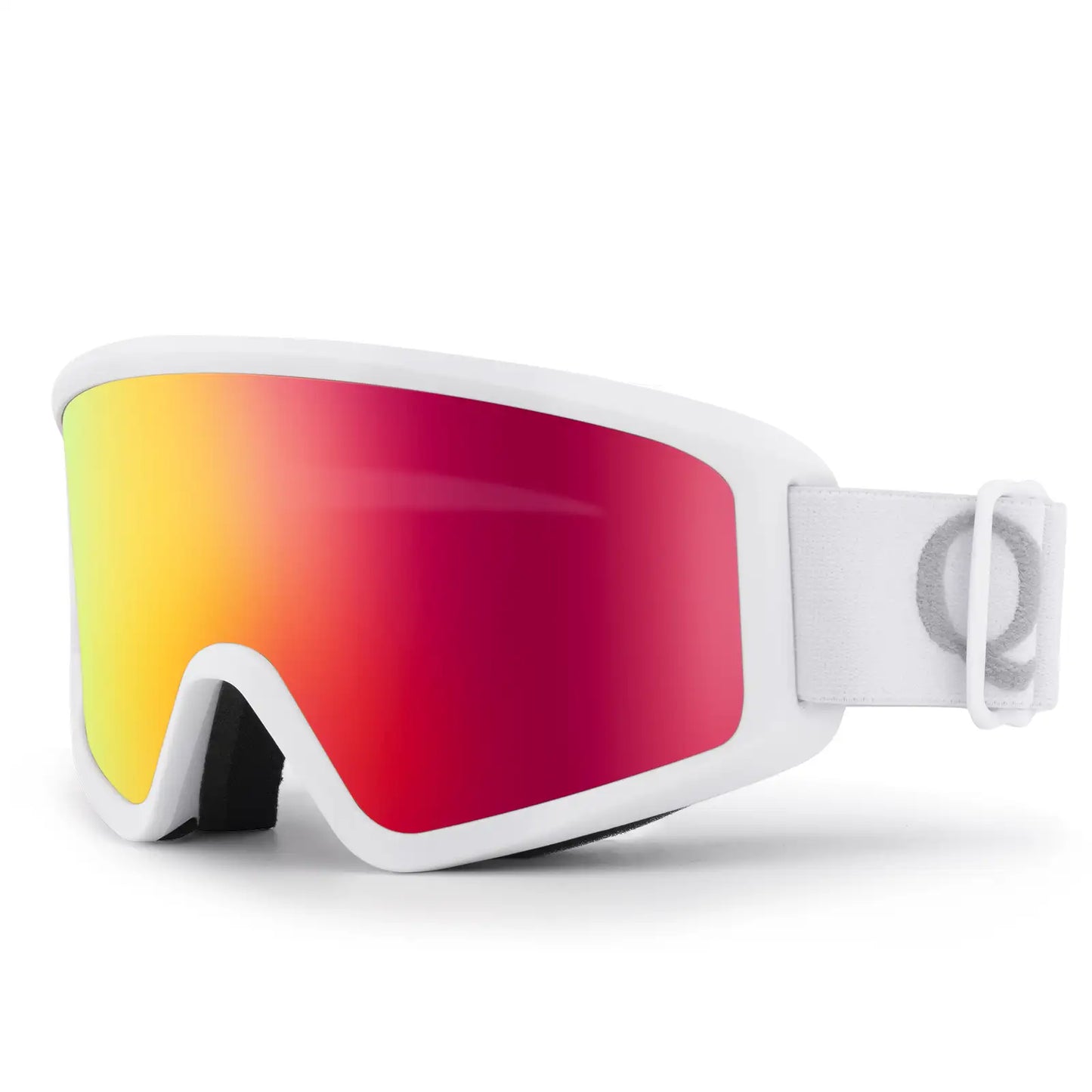 weisse skibrille mit regenbogenfarbenem spiegelglas