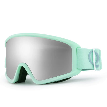 mintgrüne skibrille mit silbernem spiegelglas