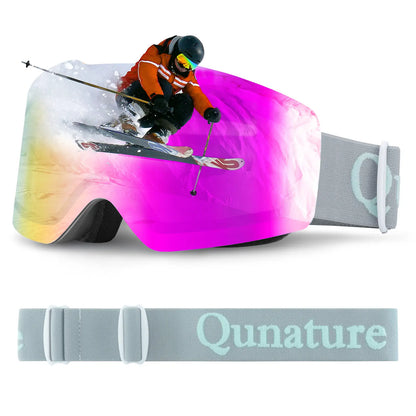 pinke skibrille mit grauem gurt und skifahrer motiv