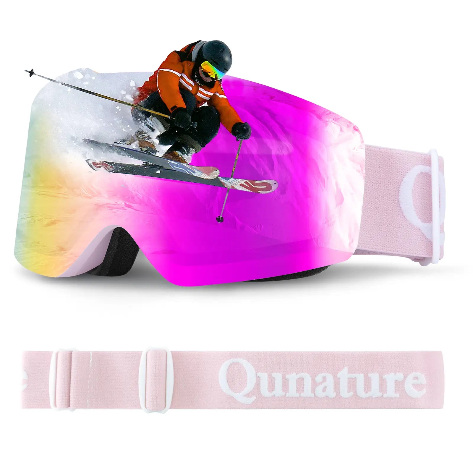 pinke skibrille mit skifahrer im motiv