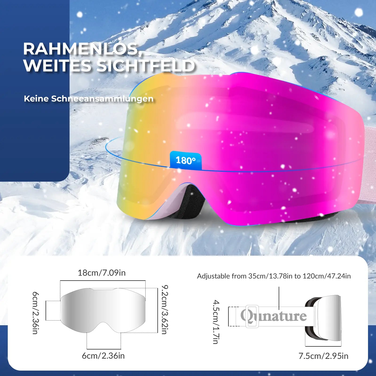pinke skibrille mit rosa gurt und weitem sichtfeld