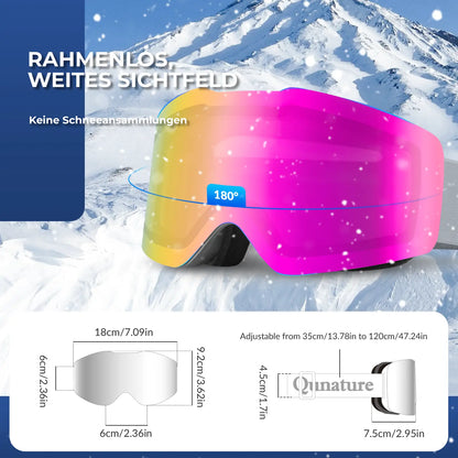 pinke skibrille mit weitem sichtfeld und massangaben