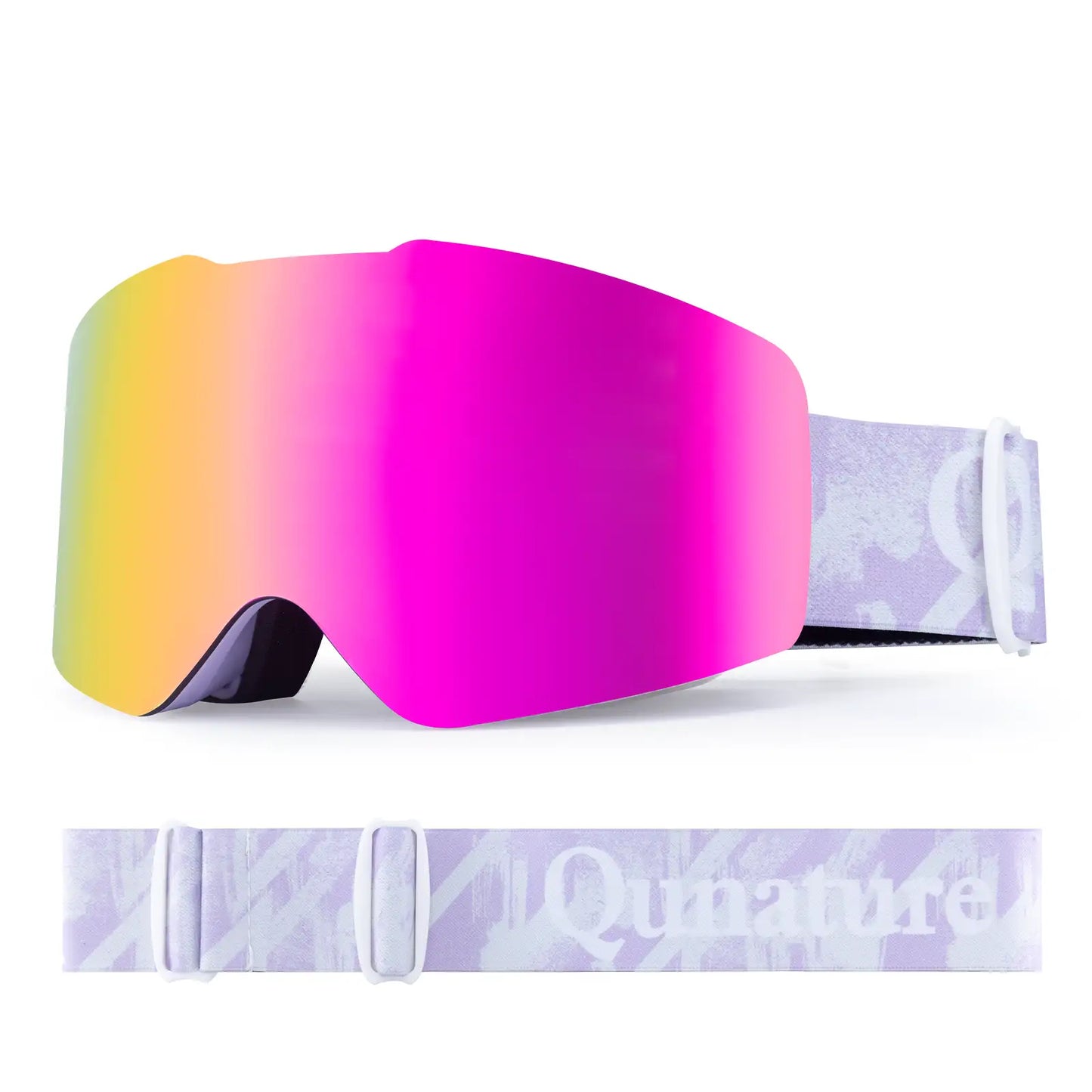 rosa spiegel skibrille mit helllila gurt auf weissem grund
