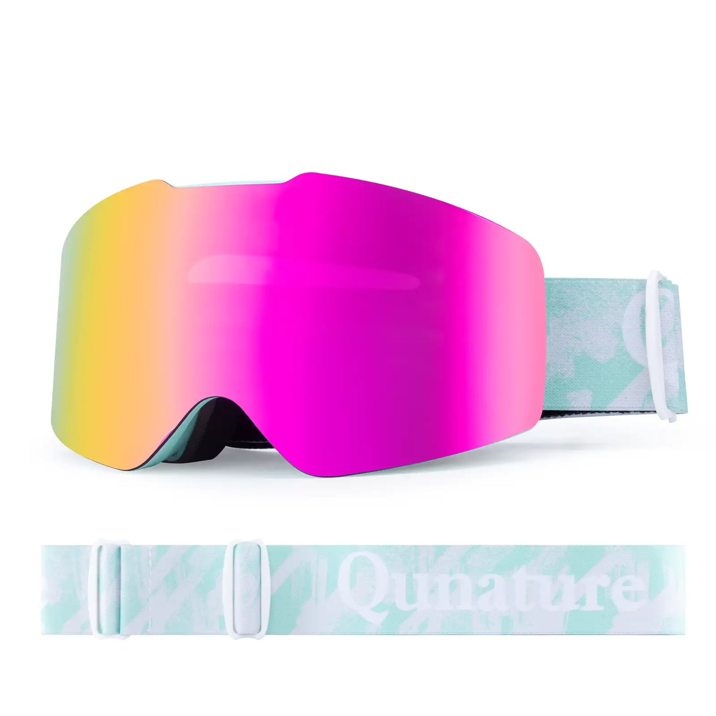 rosa lila skibrille mit minzgrünem gurt auf einfachem hintergrund