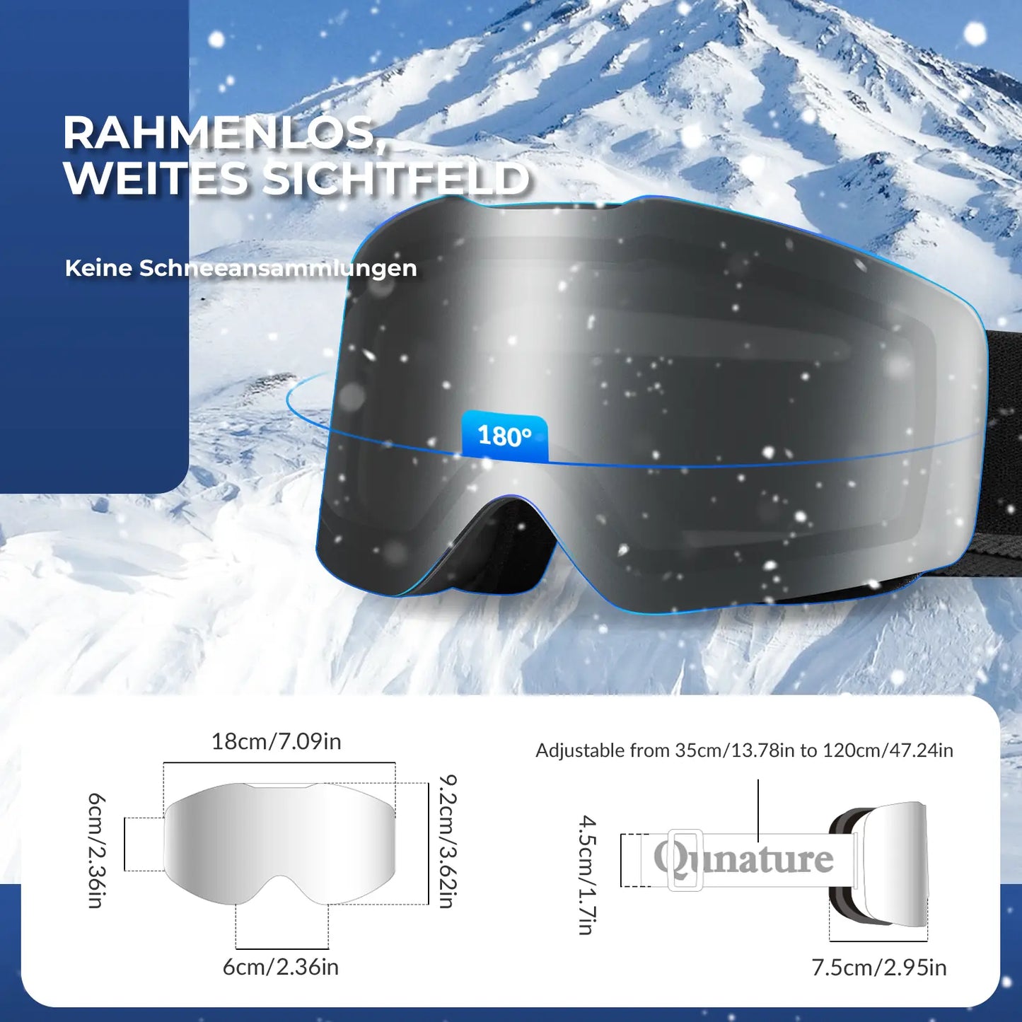 schwarze skibrille mit weitem sichtfeld und massangaben