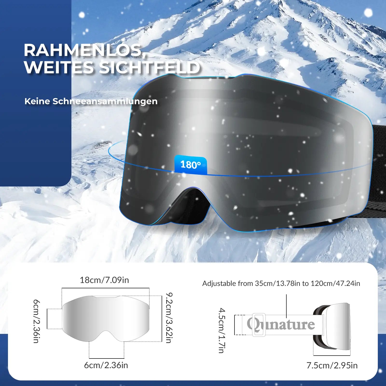 schwarze skibrille mit weitem sichtfeld und massangaben