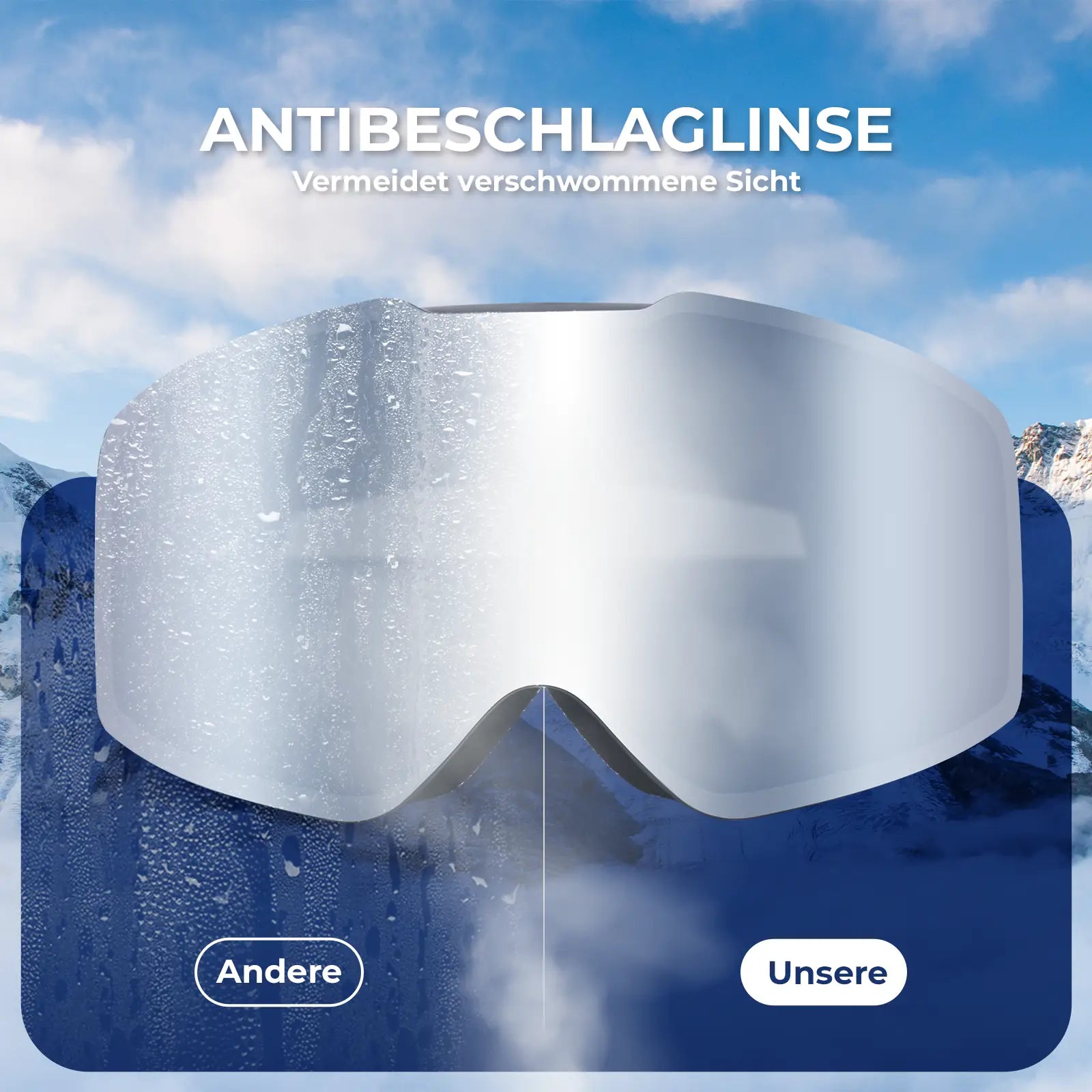 silberne skibrille mit antibeschlag-vergleichsbild