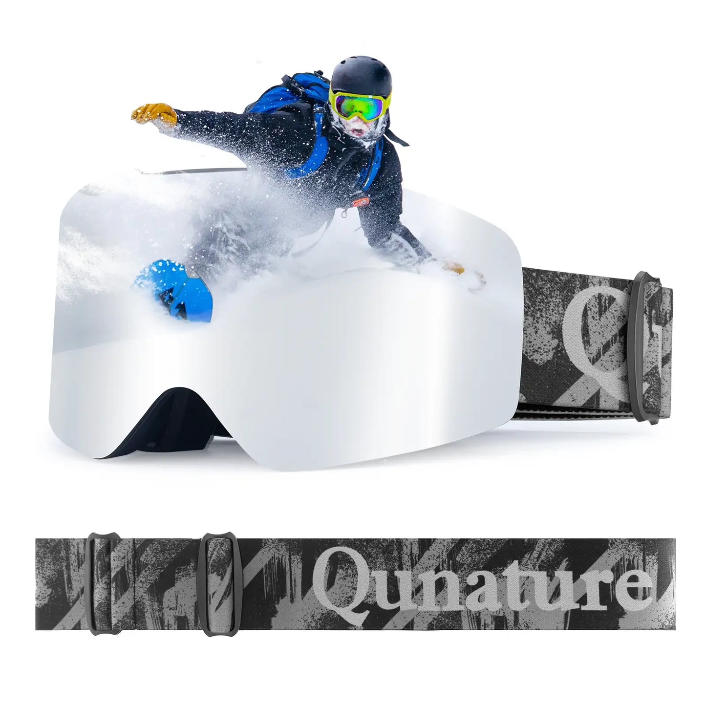 silberne spiegel skibrille mit snowboarder im pulverschnee