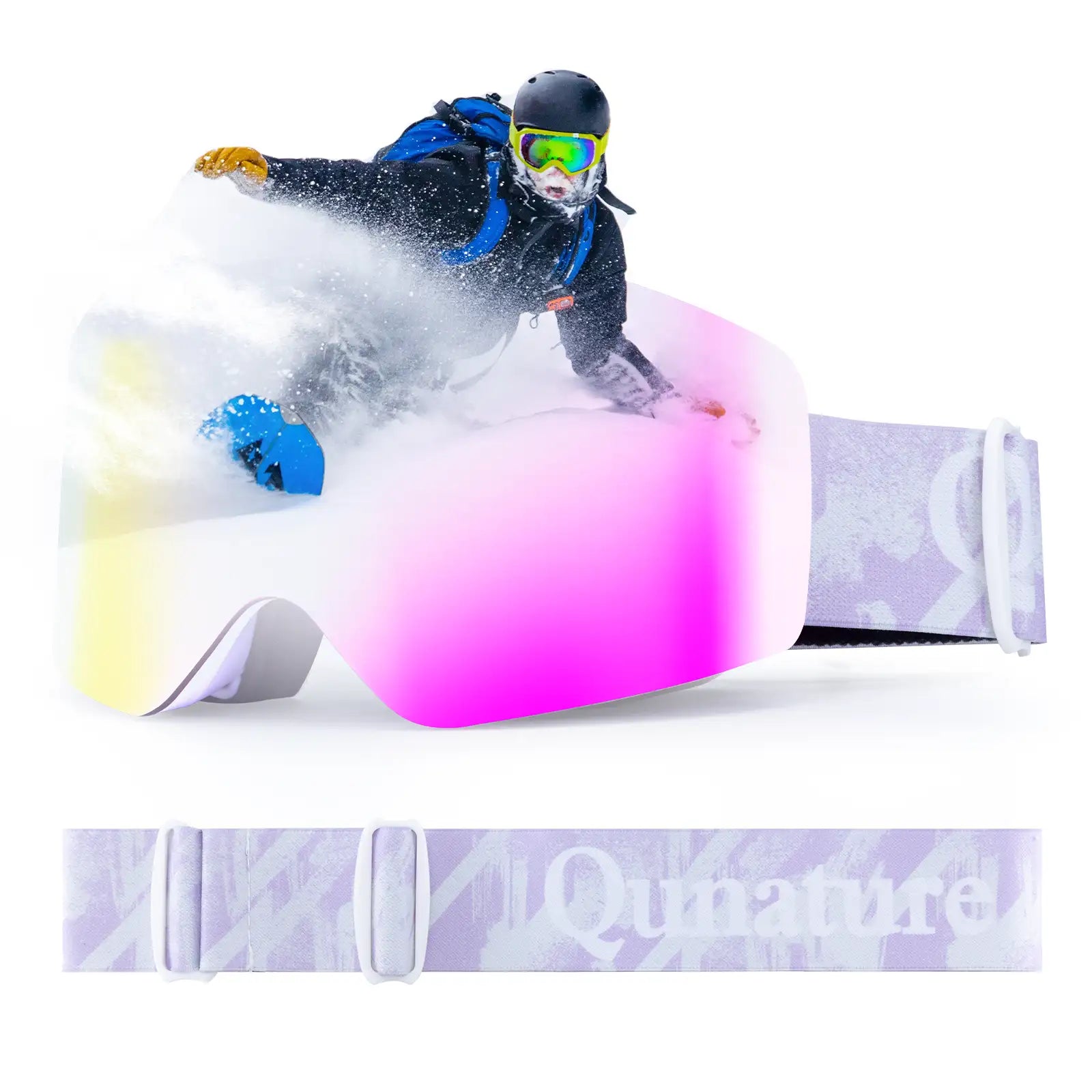 rosa lila spiegel skibrille mit helllila gurt am snowboarder