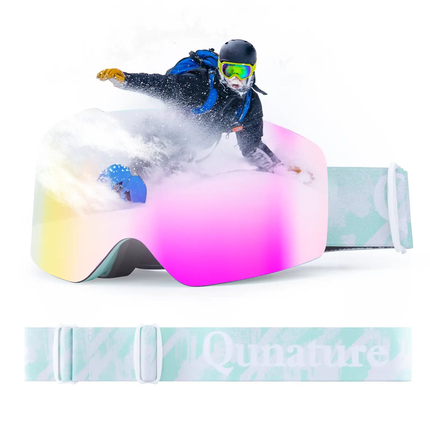 rosa spiegel skibrille mit minzgrünem gurt im schnee