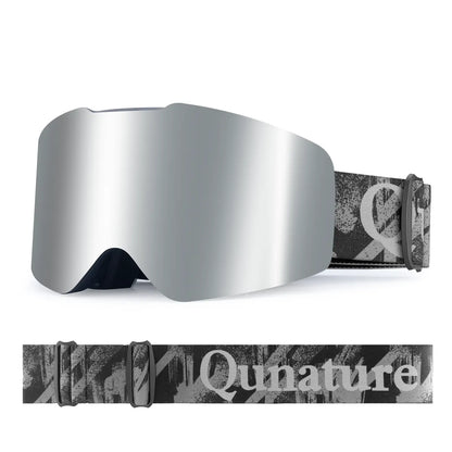 silver mirrored ski goggles with black strap on white background