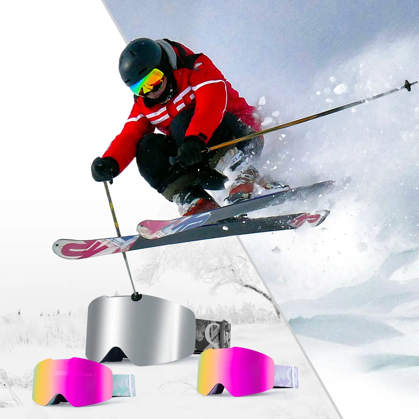 skibrille kollektion mit silbernen und rosa modellen im einsatz mit skifahrer