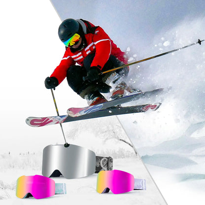 skibrille kollektion mit silbernen und rosa modellen im einsatz mit skifahrer