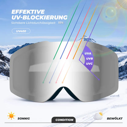 silberne skibrille mit uv-blockierung und sichtbare lichtdurchlässigkeit